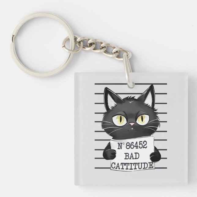 Bad Cattitude – Black Cat Mugshot Key Ring (Front)