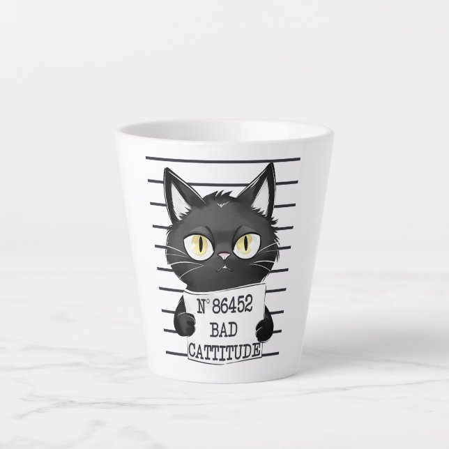 Bad Cattitude – Black Cat Mugshot Latte Mug (Front)
