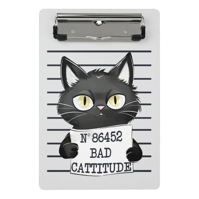 Bad Cattitude – Black Cat Mugshot Mini Clipboard (Front)
