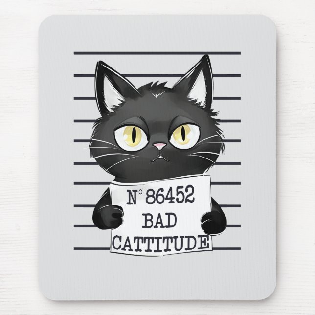 Bad Cattitude – Black Cat Mugshot Mouse Pad (Front)