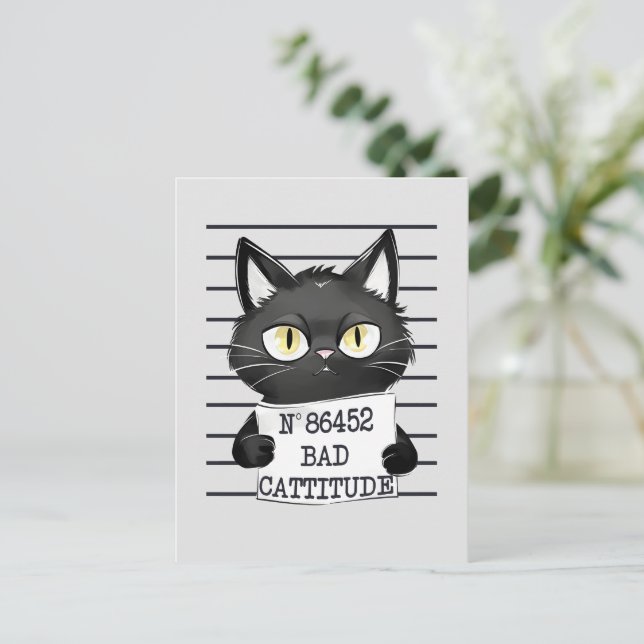 Bad Cattitude – Black Cat Mugshot Postcard (Standing Front)