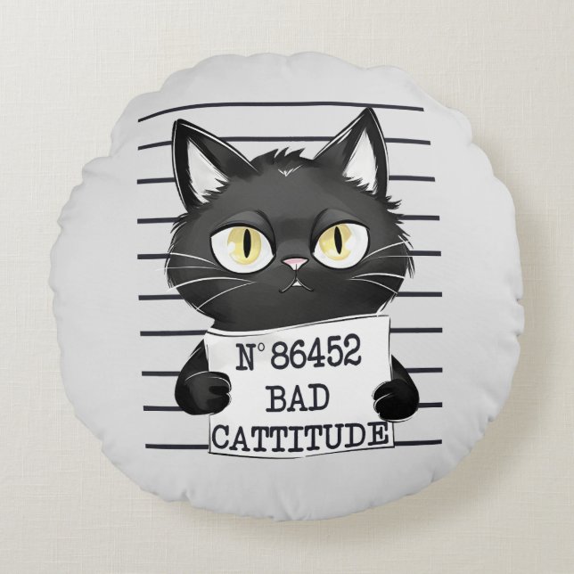 Bad Cattitude – Black Cat Mugshot Round Cushion (Front)