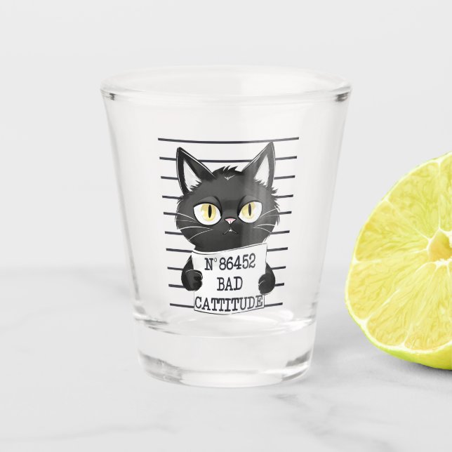 Bad Cattitude – Black Cat Mugshot Shot Glass (Front)