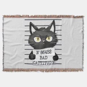 Bad Cattitude – Black Cat Mugshot Throw Blanket