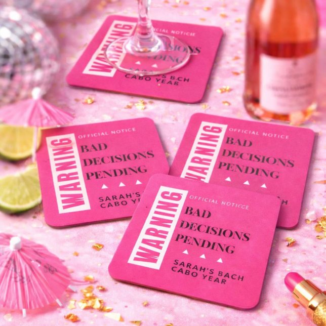 Bad Decisions Pending | Personalised Bachelorette  Square Paper Coaster (Creator Uploaded)