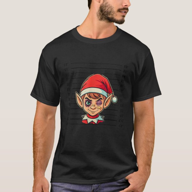 Bad Elf Funny Evil Elf Christmas Mug shot Police X T-Shirt (Front)