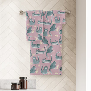 Bad Grey Tabby Cats Knocking Stuff Over Bath Towel Set