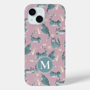 Bad Grey Tabby Cats Knocking Stuff Over & Monogram iPhone 15 Case