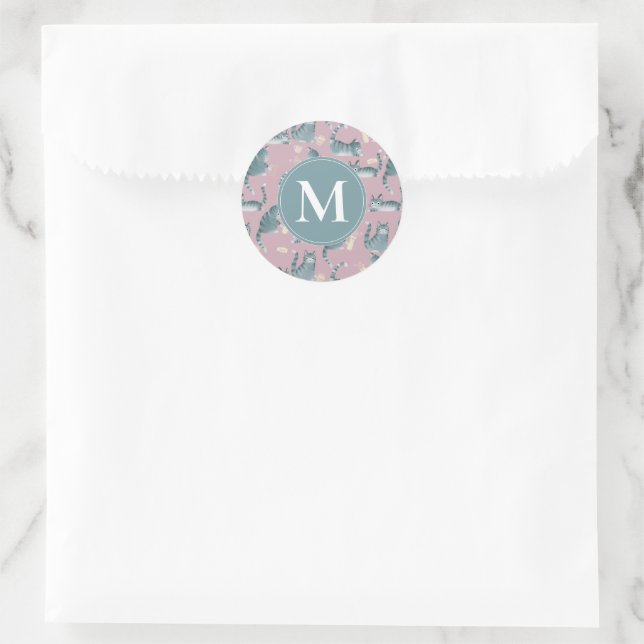 Bad Grey Tabby Cats Knocking Stuff Over & Monogram Classic Round Sticker (Bag)