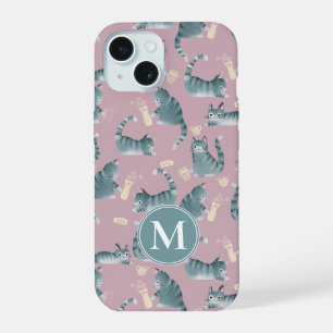 Bad Grey Tabby Cats Knocking Stuff Over & Monogram iPhone 15 Case