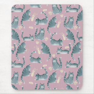 Bad Grey Tabby Cats Knocking Stuff Over & Monogram Mouse Pad