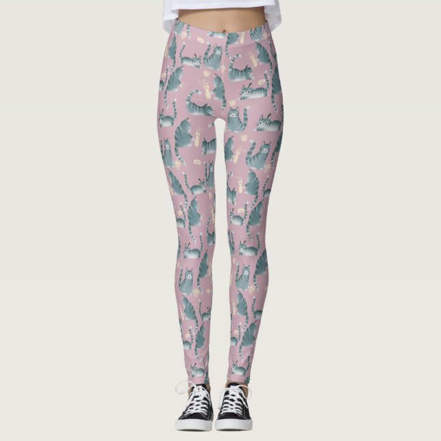 Bad Grey Tabby Cats Knocking Stuff Over Pattern Leggings (Front)