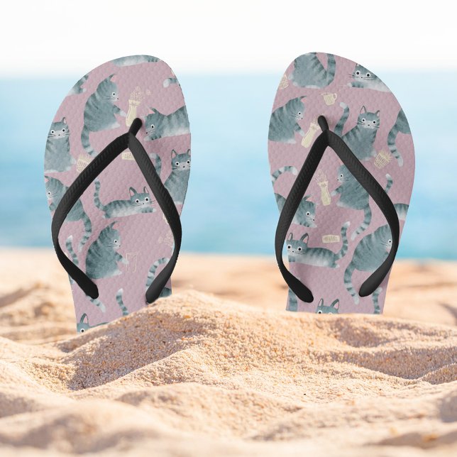 Bad Grey Tabby Cats Knocking Stuff Over Pattern Thongs (Bad Grey Tabby Cats Knocking things over patterned flip-flops )