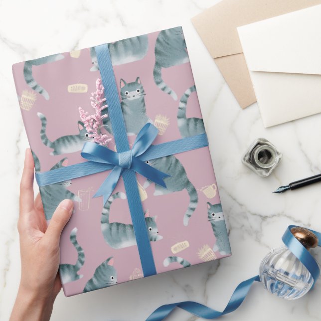 Bad Grey Tabby Cats Knocking Stuff Over Pattern Wrapping Paper (Gifting)