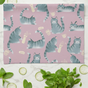 Bad Grey Tabby Cats Knocking Stuff Over  Tea Towel