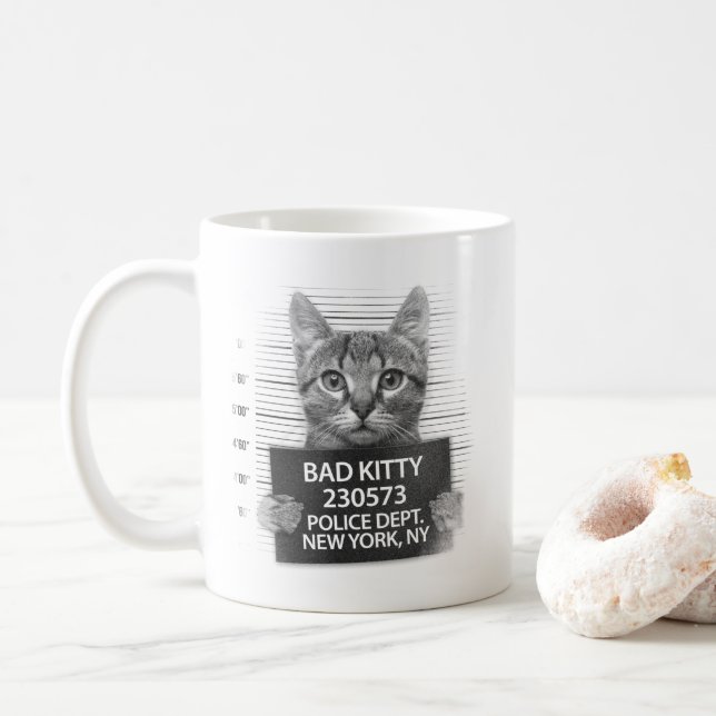 Bad Kitty Cat Police Arrest Photo Funny Coffee Mug (With Donut)