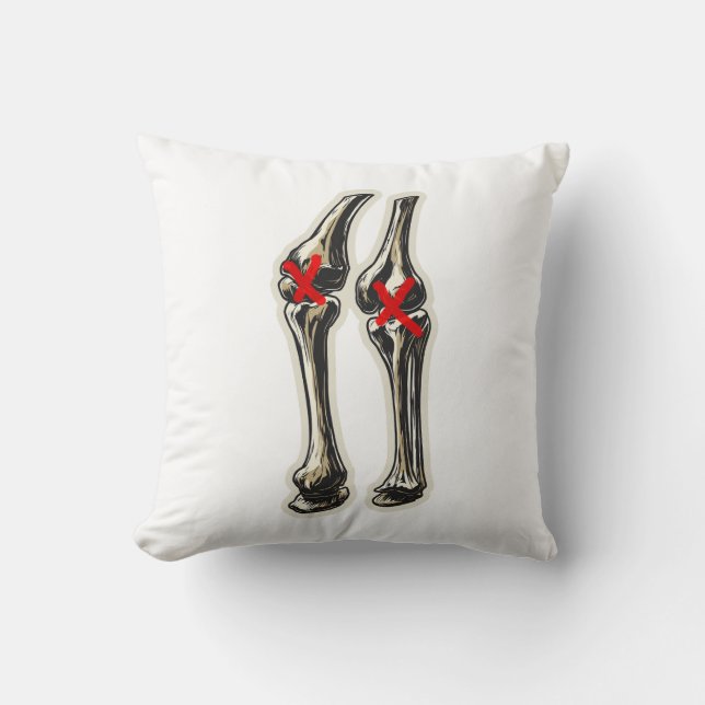 Bad Knees – Funny Skeleton Knee Illustration Cushion (Front)