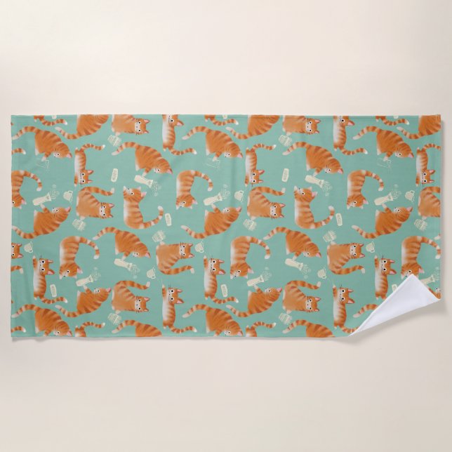 Bad Orange Tabby Cats Knocking Stuff Over Pattern Beach Towel (Front)