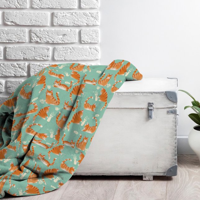 Bad Orange Tabby Cats Knocking Stuff Over Pattern Fleece Blanket (Bad Orange Cats Knocking Stuff Over Pattern Cozy Fleece Blanket)
