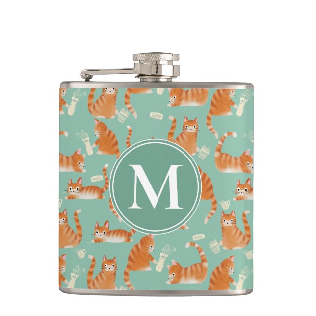 Bad Orange Tabby Cats Knocking Stuff Over Pattern Hip Flask (Front)