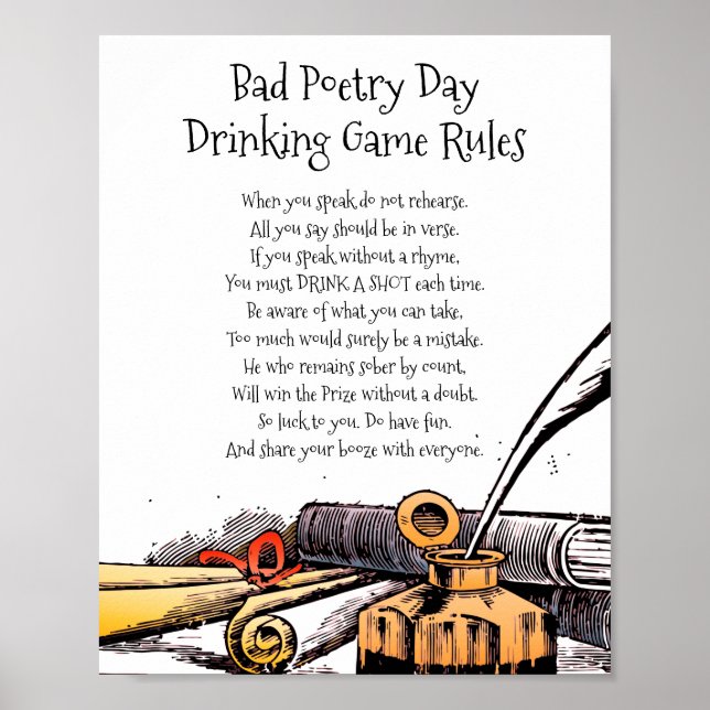 Bad Poetry Day Funny Drinking Game Rules Poem Poster (Front)