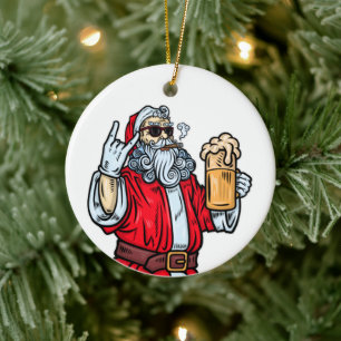 Bad Santa Claus, Rock, Beer and Cigar Ceramic Ornament