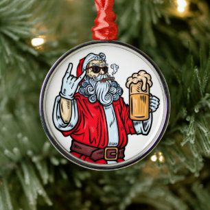 Bad Santa Claus, Rock, Beer and Cigar Metal Ornament