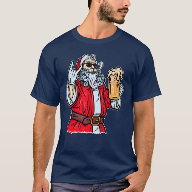 Bad Santa Claus, Rock, Beer and Cigar T-Shirt (Front)