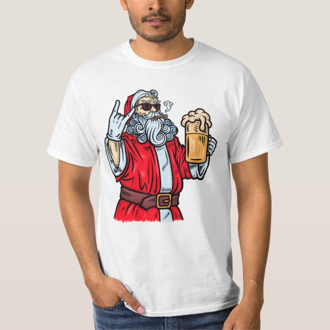 Bad Santa Claus, Rock, Beer and Cigar T-Shirt (Front)