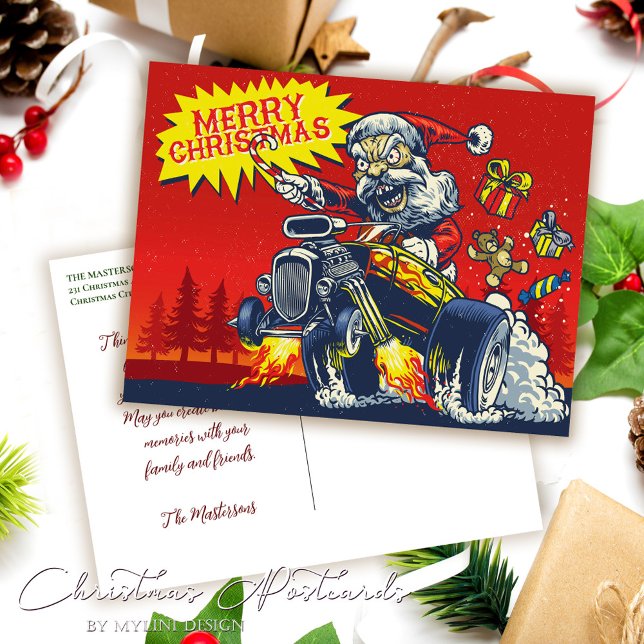 Bad Santa Rides A Wild Car Christmas Greetings Holiday Postcard (Creator Uploaded)