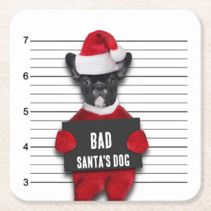 Bad Santa's Dog Mugshot Funny Christmas Square Paper Coaster