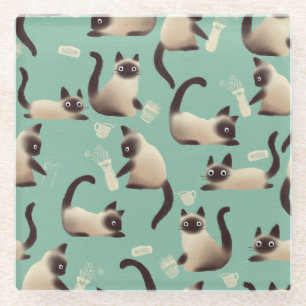 Bad Siamese Cats Knocking Stuff Over Glass Coaster