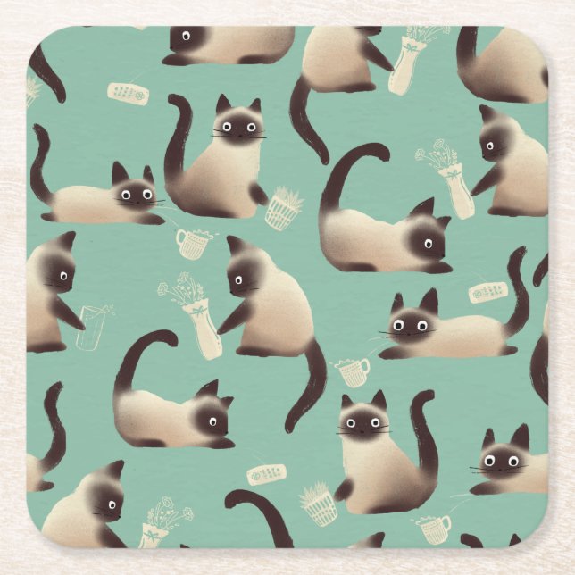 Bad Siamese Cats Knocking Stuff Over Square Paper Coaster (Front)