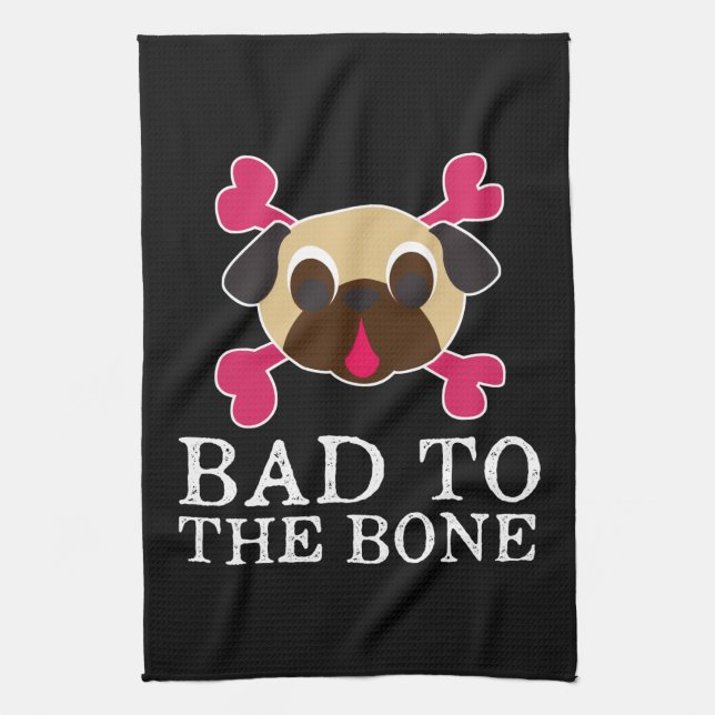 Bad To The Bone Fawn Pug And Crossbones Tea Towel (Vertical)