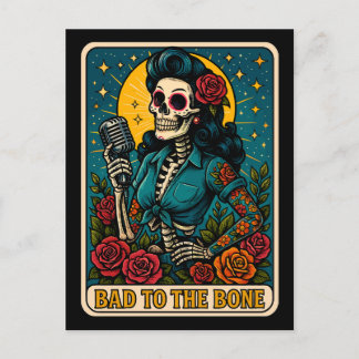 Bad to the Bone Retro Skeleton Singer Holiday Postcard