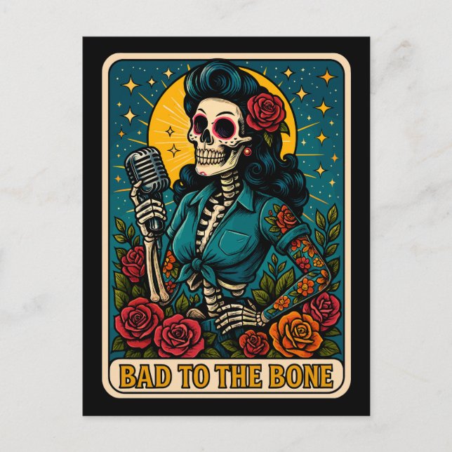 Bad to the Bone Retro Skeleton Singer Holiday Postcard (Front)