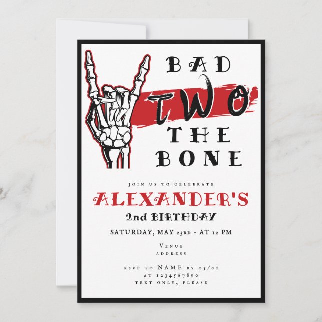 Bad Two The Bone 2nd Birthday Skeleton Hand Invitation (Front)