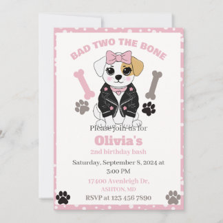 Bad two the bone dog invitation, puppy party invit invitation