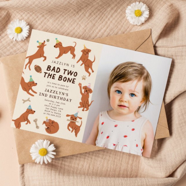 Bad Two The Bone Dogs 2nd Birthday Party Photo Invitation (Creator Uploaded)