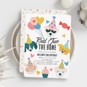 Bad Two the Bone Dogs & Cat Balloons 2nd Birthday Invitation