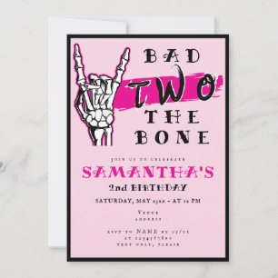 Bad Two The Bone Pink Skeleton Hand 2nd Birthday Invitation