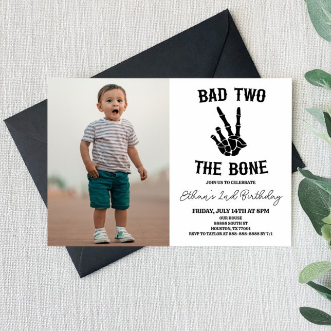 Bad Two The Bone Skeleton Photo 2nd Birthday Party Invitation (Creator Uploaded)