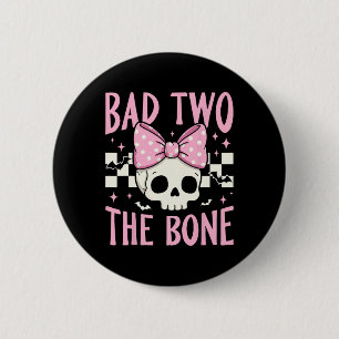 Bad Two The Bone Skull With Pink Bow For Halloween 6 Cm Round Badge