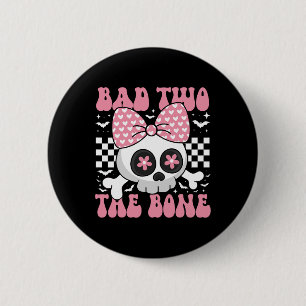 Bad Two The Bone Skull With Pink Bow For Halloween 6 Cm Round Badge