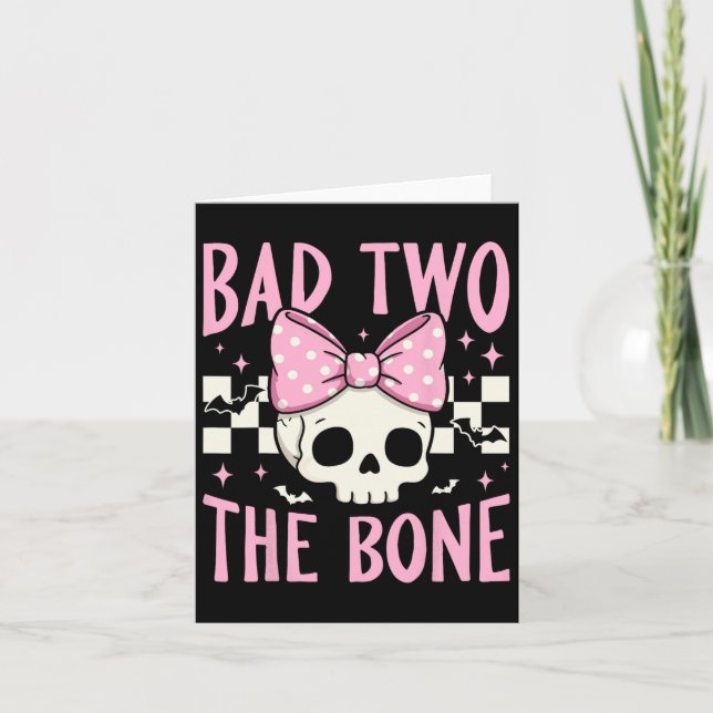 Bad Two The Bone Skull With Pink Bow For Halloween Card (Front)