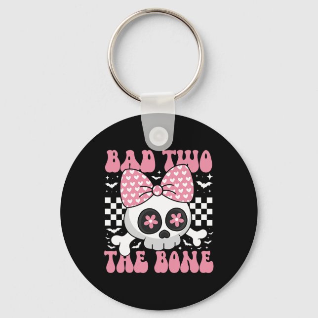 Bad Two The Bone Skull With Pink Bow For Halloween Key Ring (Front)