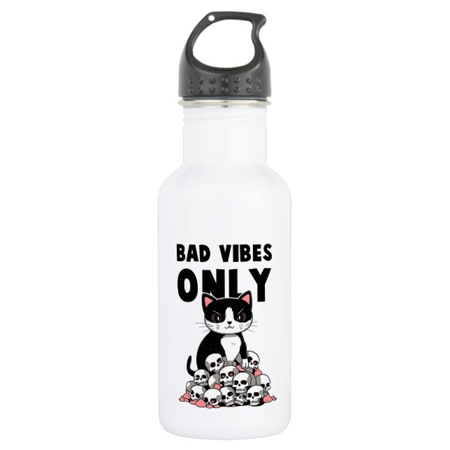 Bad Vibes Only – Cat & Skulls 532 Ml Water Bottle (Front)