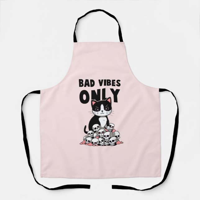 Bad Vibes Only – Cat & Skulls Apron (Front)