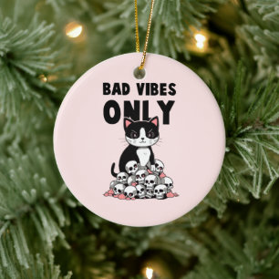 Bad Vibes Only – Cat & Skulls Ceramic Ornament