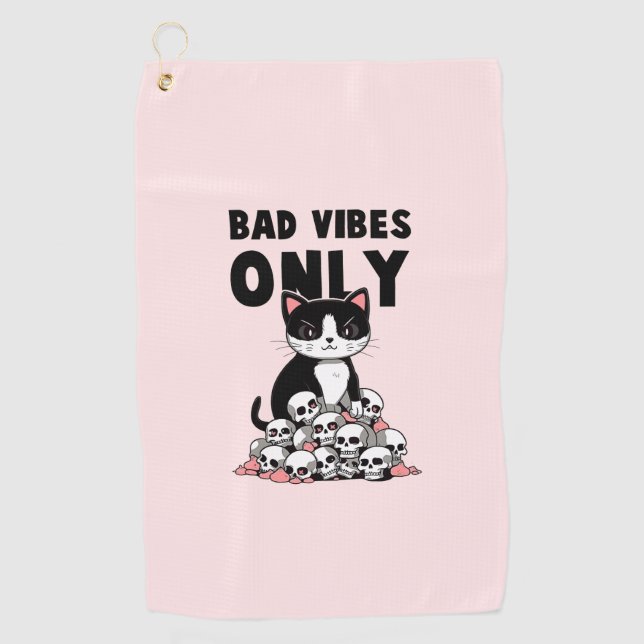 Bad Vibes Only – Cat & Skulls Golf Towel (Front)